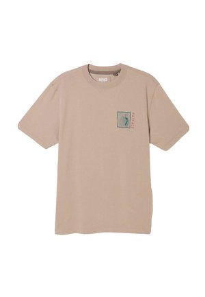 Beige short-sleeve t-shirt with small teal graphic and "FATFACE" text on the left chest, crew neckline, and relaxed fit.