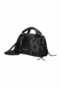 Borsa a mano in pelle nera con design strutturato, hardware argentato, logo frontale, doppie maniglie e tracolla removibile. Presenti dettagli testurizzati.