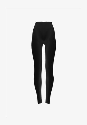 Sorte, højtaljede leggings i fuld længde med en tætsiddende silhuet, vist mod en hvid baggrund.