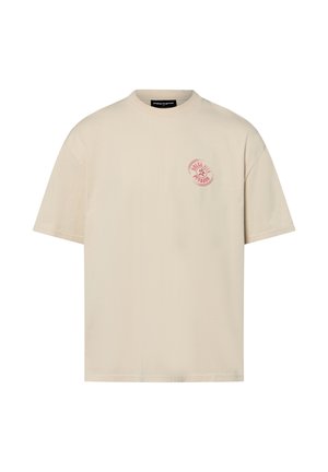 Beige short-sleeve t-shirt in cotton, featuring a round neckline and a small red graphic print on the chest. Plain design, relaxed fit.