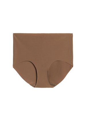 Culottes hipster en tissu extensible marron avec une texture lisse et une large ceinture, conçues pour le confort et une couverture totale. Pas de motifs visibles ni de matériel.