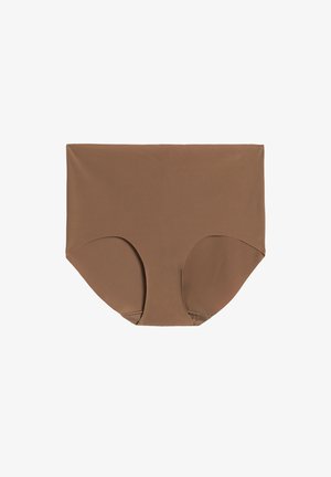 Bruine stretchstof hipsteronderbroek met een gladde textuur en een brede tailleband, ontworpen voor comfort en volledige dekking. Geen zichtbare patronen of hardware.