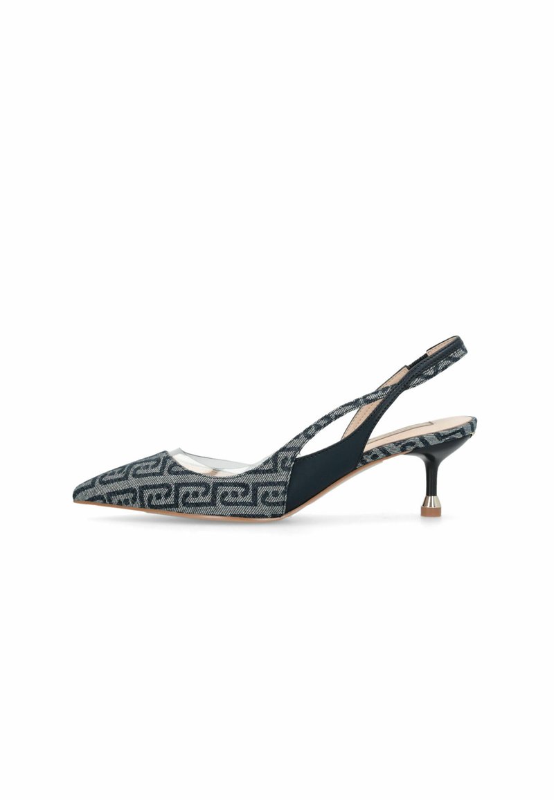 Escarpins à bride arrière avec un design à bout pointu, présentant un motif bleu marine et gris clair, un talon stiletto bas, et des accents architecturaux contrastants.