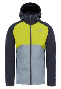 Veste résistante à l'eau avec capuche, présentant un design en blocs de couleurs jaune vif, gris et noir. Fermeture éclair à l'avant et poches zippées.