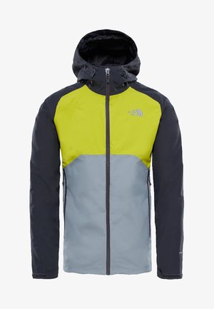 Vattenavvisande jacka med huva, i en färgblockdesign i starkt gult, grått och svart. Dragkedja framtill och fickor med dragkedja.
