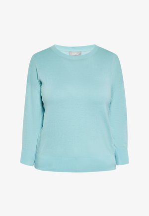 Pulover bleu deschis cu gât rotund, mâneci lungi, manșete și tiv cu benzi nervurate. Textură netedă, fără modele vizibile sau detalii din metal.