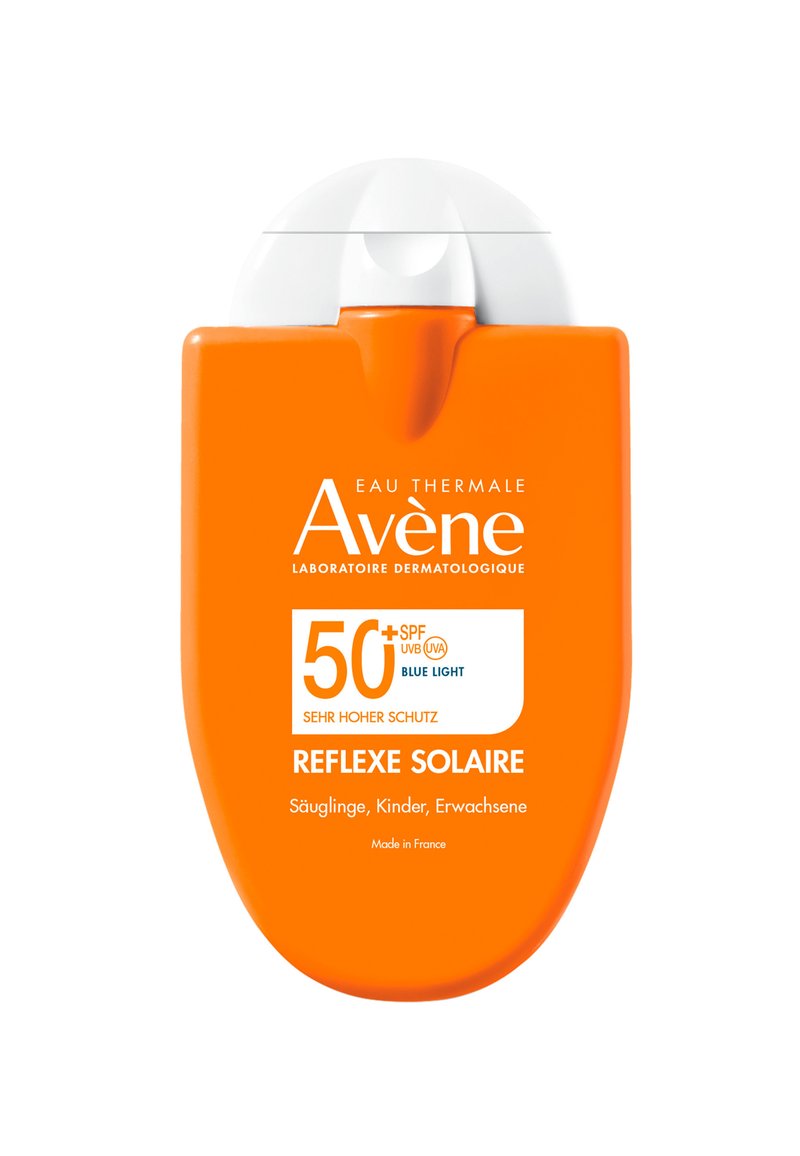 Orange bottle of sunscreen with a white flip-top lid, labeled with SPF 50+, indicating high protection against UV and blue light.