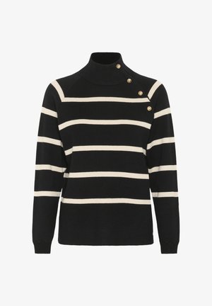 Suéter de cuello alto a rayas negras y crema con una textura suave, que cuenta con tres botones dorados en el hombro y puños acanalados.