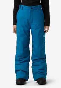 Modré voděodolné sněhové kalhoty z umělého materiálu, s volnějším střihem, kapsami na zip a logem na levém stehně.