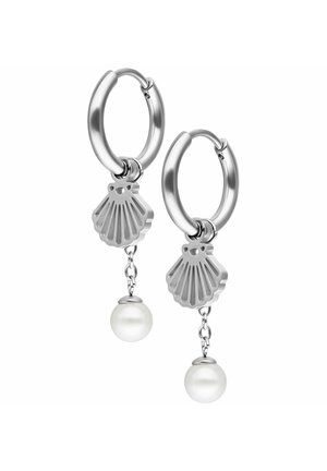 Silver hoop earrings featuring a shell design, suspended below are white pearls, with chain connectors adding movement and detail.