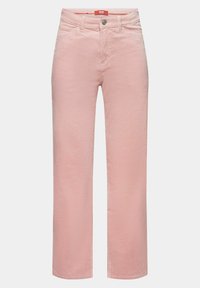 Jean rose taille haute à jambes droites avec fermeture par bouton et fermeture éclair, poches avant et arrière, et passants de ceinture.