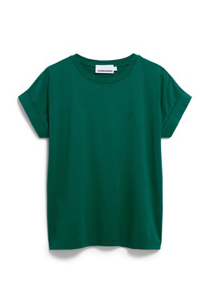 T-shirt verde in cotone con maniche corte, scollatura rotonda e un piccolo logo ricamato sul davanti. Texture liscia e design casual.
