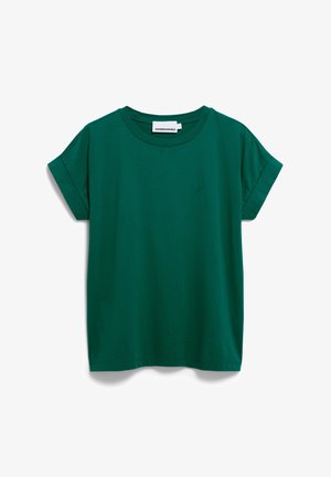 Groene katoenen t-shirt met korte mouwen, een ronde halslijn en een klein geborduurd logo aan de voorkant. Soepele textuur en casual ontwerp.