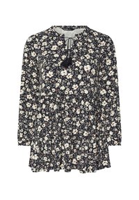Langärmliges, marineblaues Blumenkleid mit einem rüschierten Rock, rundem Halsausschnitt mit Kordelzug und cremefarbenen Blumen mit roten Akzenten.