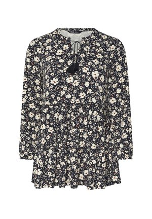 Langärmliges, marineblaues Blumenkleid mit einem rüschierten Rock, rundem Halsausschnitt mit Kordelzug und cremefarbenen Blumen mit roten Akzenten.