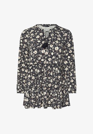 Langärmliges, marineblaues Blumenkleid mit einem rüschierten Rock, rundem Halsausschnitt mit Kordelzug und cremefarbenen Blumen mit roten Akzenten.