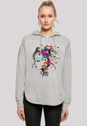 Grauer Kapuzenpullover mit floralem Design in lebendigen Farben, darunter Pink, Gelb und Blau. Er hat eine lockere Passform und eine Kängurutasche.