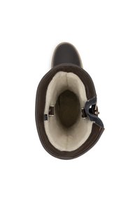 Bruine waterdichte laars met een gladde buitenkant, een fuzzy beige binnenkant en een contrasterende blauwe accent bovenaan. Leer- en textielmaterialen.