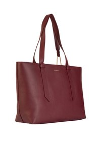 Borse tote in pelle bordeaux con superficie texturizzata, doppi manici per le spalle e logo in tonalità oro. Presenta un design spazioso e accenti minimalisti.