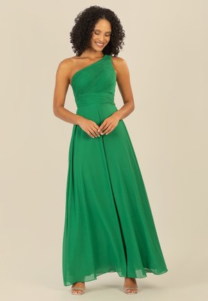 Ein ärmelloses grünes Kleid mit gefälteltem Oberteil, fließendem Rock und leichtem Stoff. Glatte Textur und bodenlanges Design.
