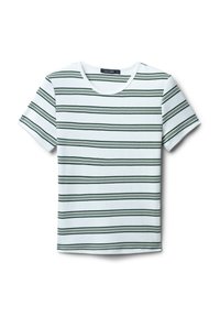 T-shirt a maniche corte in cotone bianco con strisce orizzontali verdi. Presenta un collo rotondo e una vestibilità comoda.