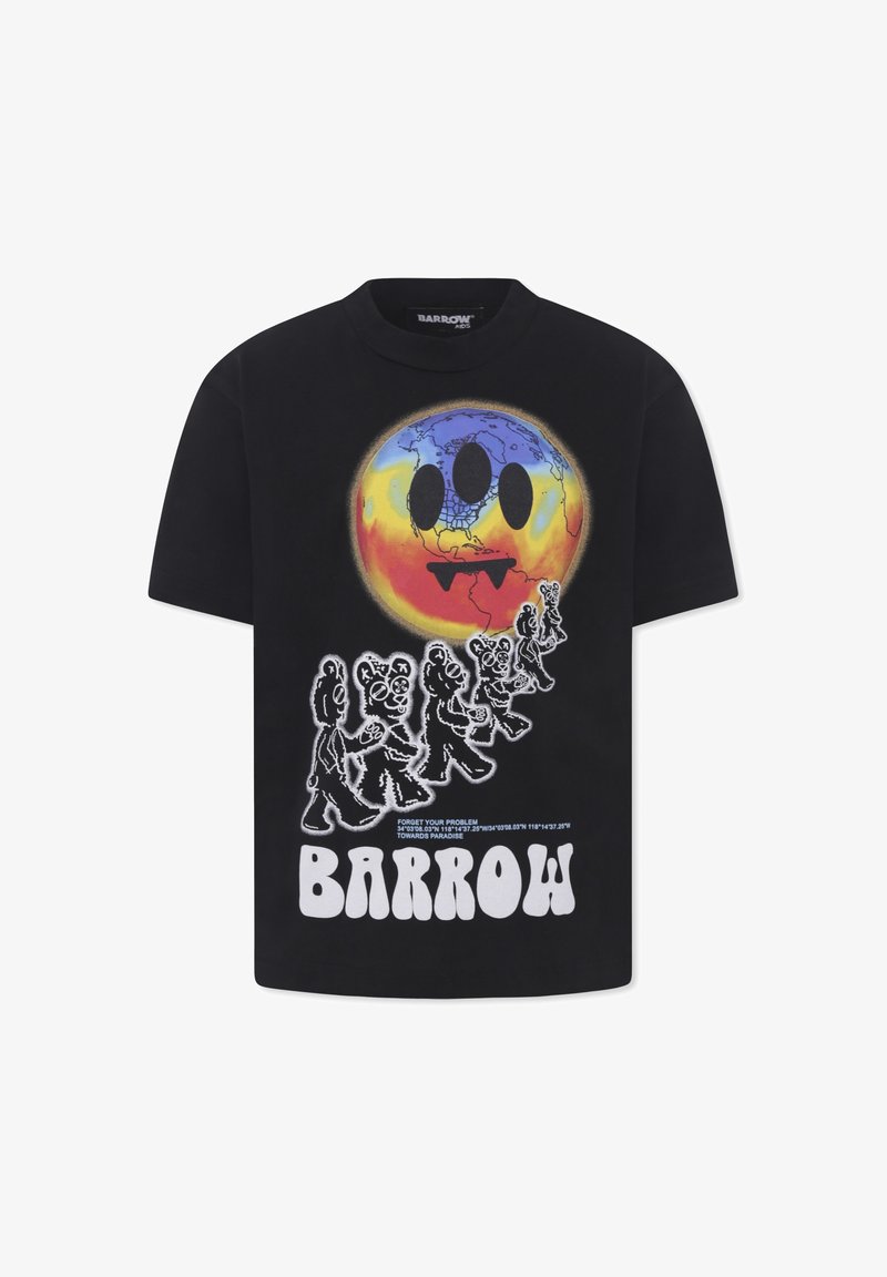 Czarny bawełniany t-shirt z wielokolorową grafiką przedstawiającą glob ziemski oraz wesołe postacie misia. Na dole znajduje się napis "BARROW".