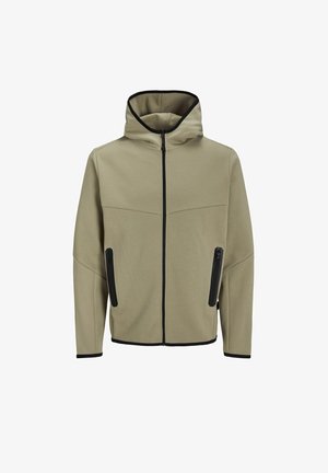 Hættetrøje i lyse olivengrøn stof med en glat tekstur, med sorte lynlåsdetaljer og to sidelommer.
