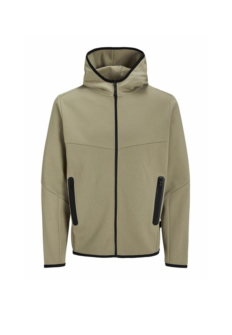 Veste à capuche en tissu vert olive clair avec une texture lisse, dotée de zip noirs et de deux poches latérales.