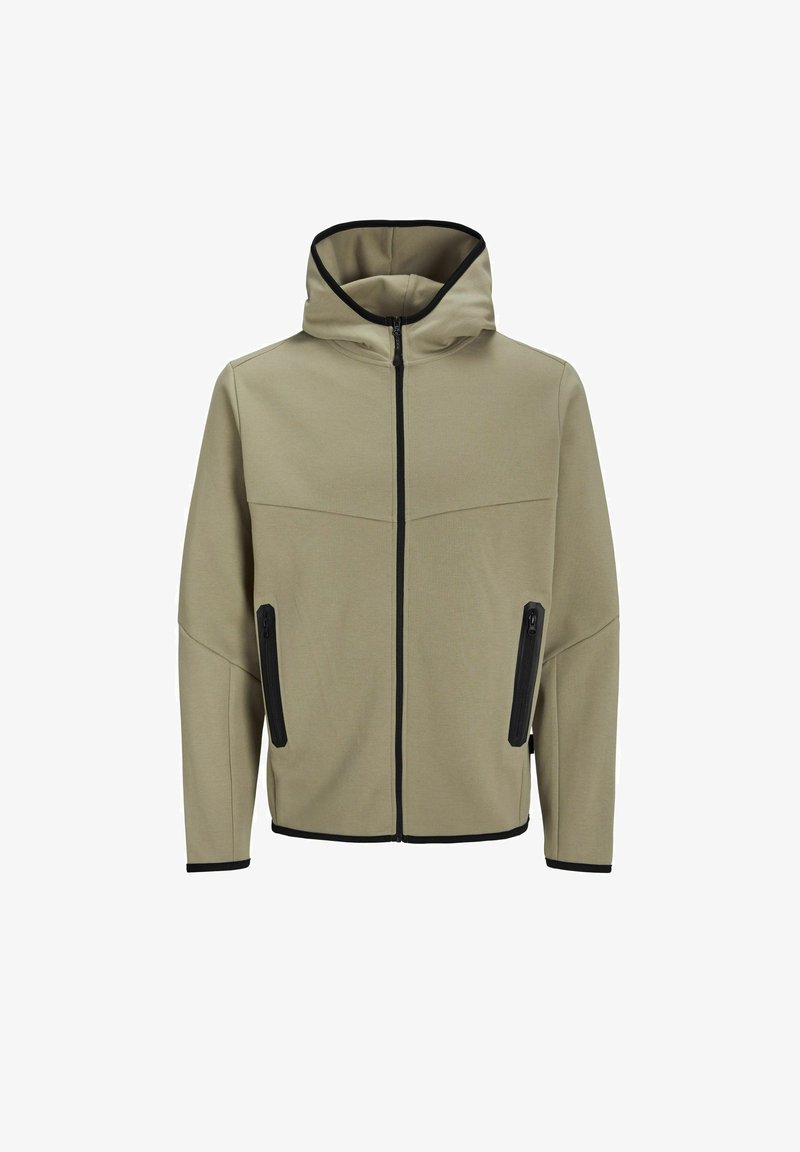 Veste à capuche en tissu vert olive clair avec une texture lisse, dotée de zip noirs et de deux poches latérales.