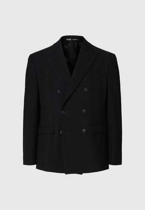 Dubbelzijdige zwarte blazer gemaakt van gestructureerde stof, voorzien van pieklapels, twee voorzakken en zes knopen, met een minimalistisch ontwerp.