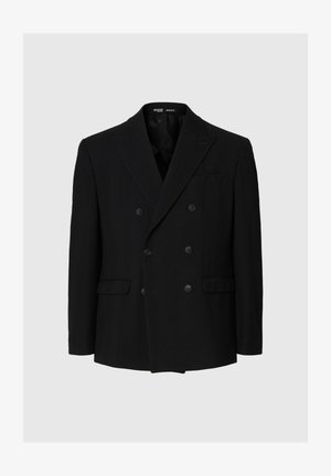 Blazer nero doppiopetto realizzato in tessuto testurizzato, presenta rever a punta, due tasche frontali e sei bottoni, con un design minimalista.