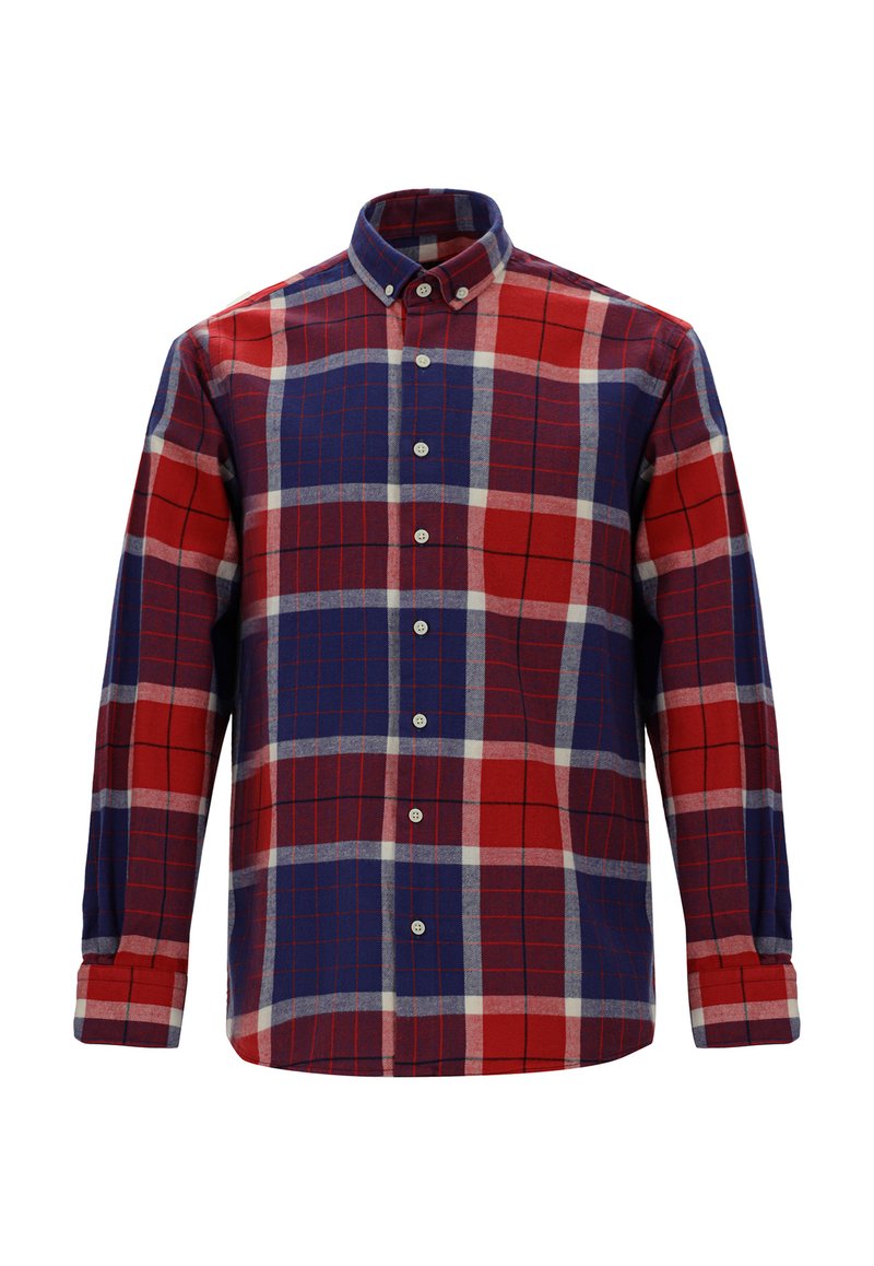 Camicia a quadri rossa e blu con bottoni, collo, maniche lunghe e vestibilità sagomata. Realizzata in tessuto intrecciato con una texture morbida.