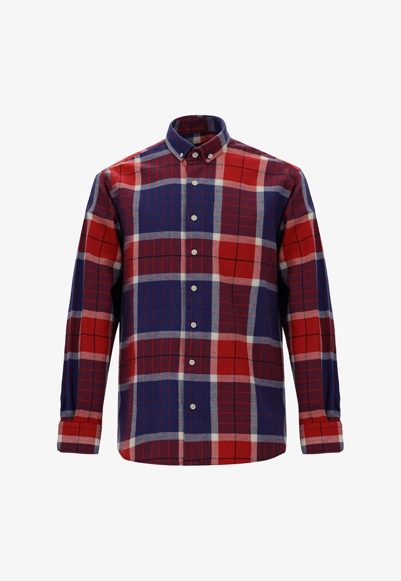 Camicia a quadri rossa e blu con bottoni, collo, maniche lunghe e vestibilità sagomata. Realizzata in tessuto intrecciato con una texture morbida.