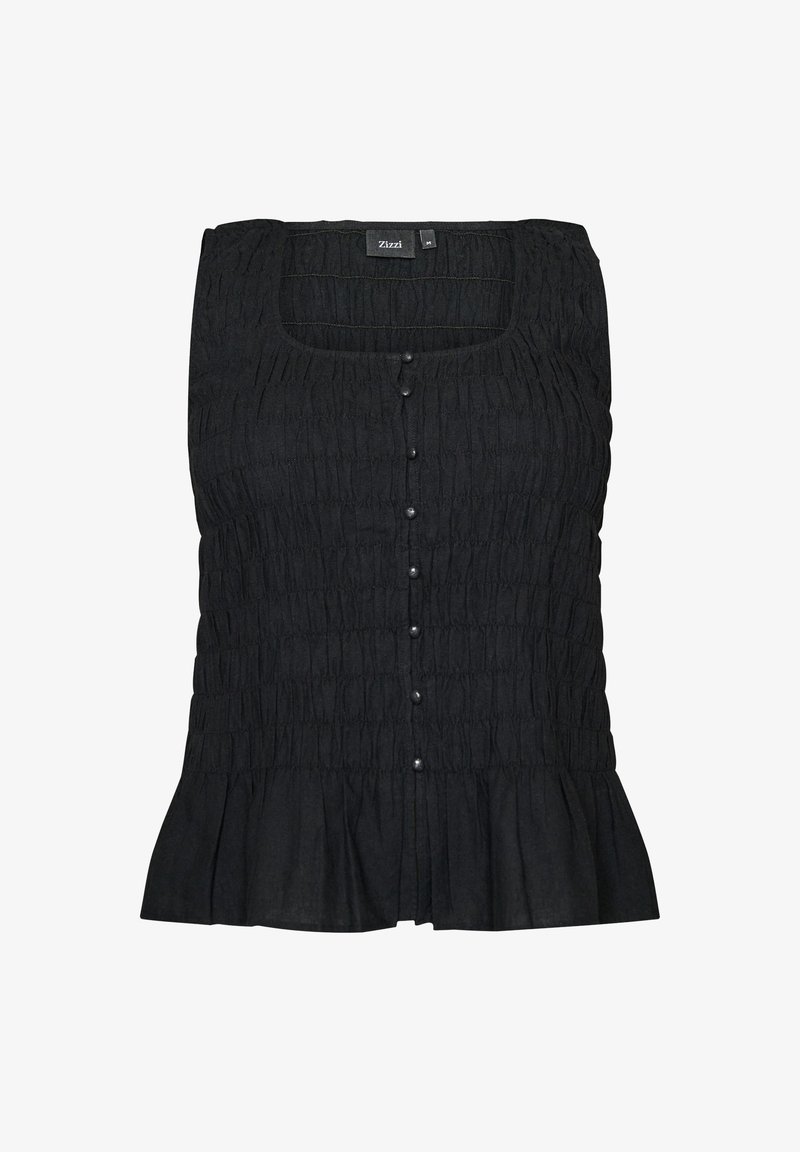 Blouse noire sans manches texturée avec boutons perlés à l'avant, encolure carrée et détail à volants sur l'ourlet.