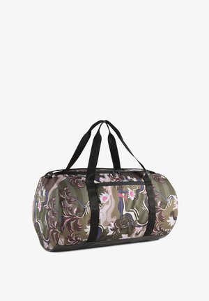 Duffel bag with abstract floral camouflage pattern in green, pink, brown, and black straps, featuring a front zip pocket and sturdy handles.