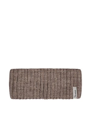 Brown knitted wool headband with ribbed texture and small rectangular label on one side.