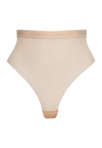 Beige hochgeschnittene nahtlose Pantys mit einem breiten, weichen Bund und geprägtem Branding; glatte Textur mit einer geschwungenen Silhouette.