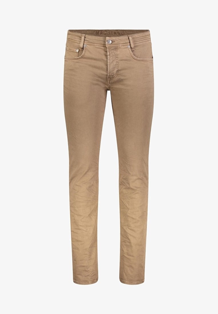 Pantalon beige slim-fit avec fermeture devant par bouton et zip, passants de ceinture, poches devant et derrière.