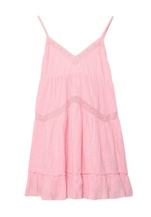 Abito estivo rosa senza maniche con spalline sottili, rifinitura in pizzo lungo lo scollo a V e la parte centrale, e orlo arricciato.