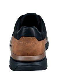 Schwarze und braune Sneaker mit einem strukturierten Lederoberteil, gepolstertem Kragen und einer gummierten Laufsohle für Haltbarkeit und Traktion.