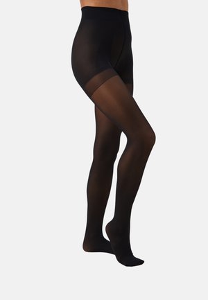 Collant neri trasparenti con una texture liscia, cintura elastica e sezione opaca sulla coscia, progettati per comfort e vestibilità.