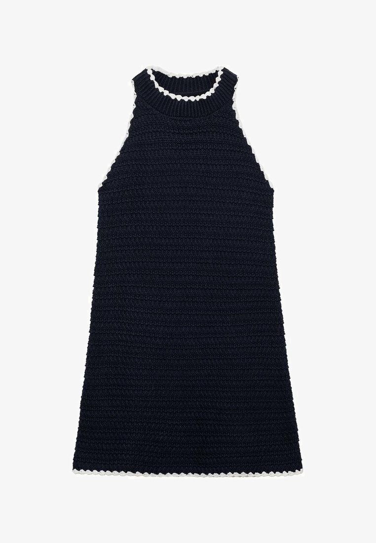 Mornarska čipkana brezrokavna obleka z visokim ovratnikom, okrašena z belim valovitim robom na ovratniku in ob hemu, strukturirana A-linijska silhueta.