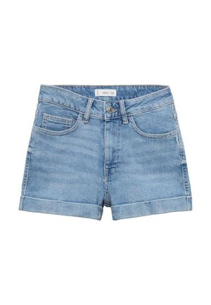 Vaaleansiniset farkkushortsit, joissa on käännetty helma, kaksi etutaskua, napitus ja etiketti vyötäröllä.