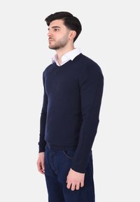 Maglione lavorato a maglia blu navy con scollo a V, maniche lunghe, polsini a coste, indossato sopra una camicia bianca con colletto, abbinato a pantaloni in denim scuri.