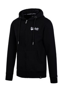 Schwarze Zip-Hoodie mit Kapuze mit Kordelzug, Vordertaschen und weißem gesticktem Text. Weiches, strukturiertes Material und gerippte Bündchen.