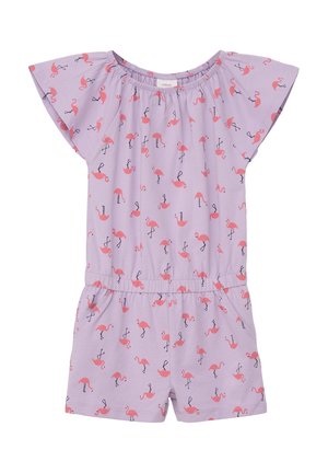 Lilla kortærmet romper med elastisk talje, prydet med pink flamingomønster og korte ben.