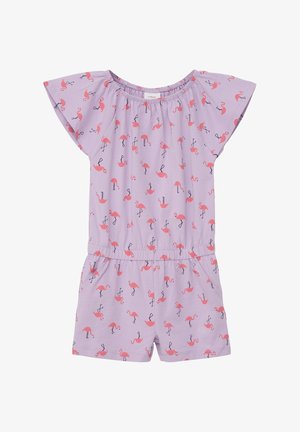Combinaison courte à manches courtes en lavande avec taille élastique, présentant un motif de flamants roses et des jambes courtes.