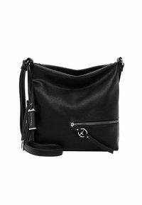 Černá kožená kabelka přes rameno s nastavitelným popruhem, přední kapsou na zip, stříbrným kruhovým jezdce na zip a dekoračním třásňovým štítkem.