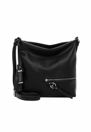 Schwarze Leder-Umhängetasche mit verstellbarem Tragegurt, vorderer Reißverschlusstasche, silbernem, rundem Reißverschlussanhänger und dekorativem Quastenanhänger.