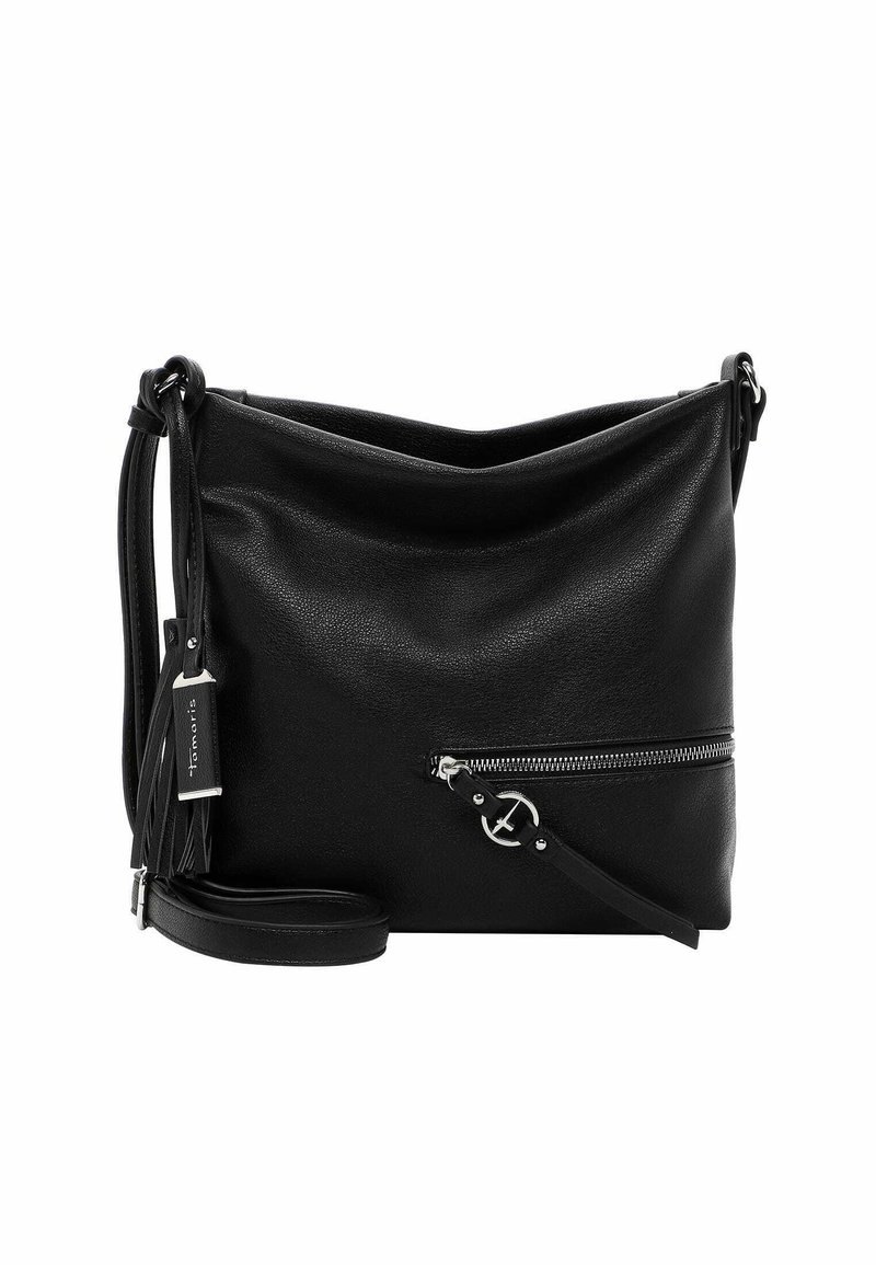 Černá kožená kabelka přes rameno s nastavitelným popruhem, přední kapsou na zip, stříbrným kruhovým jezdce na zip a dekoračním třásňovým štítkem.